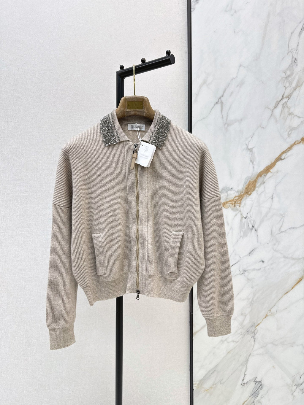 Brunello Cucinelli/26 Autumn/Winter New Pearl-Embellished Collar Knit Cardigan