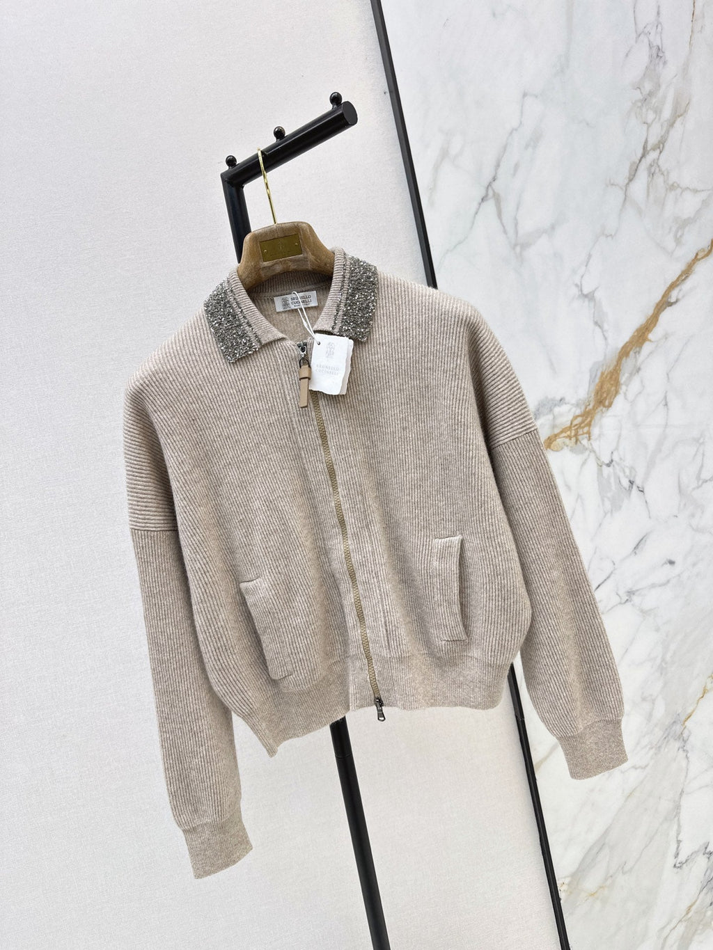 Brunello Cucinelli/26 Autumn/Winter New Pearl-Embellished Collar Knit Cardigan