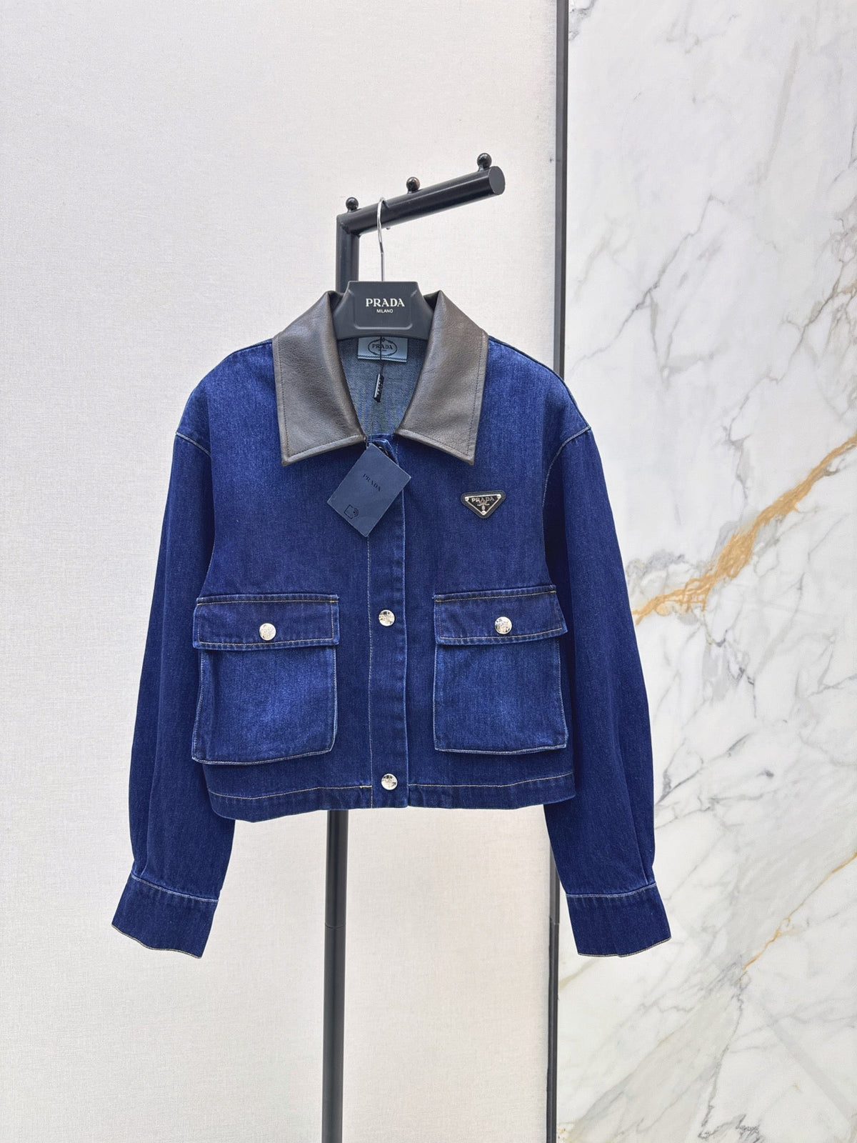 Prada/26 Fall-Winter New Color-Block Denim Jacket with Turn-Down Collar