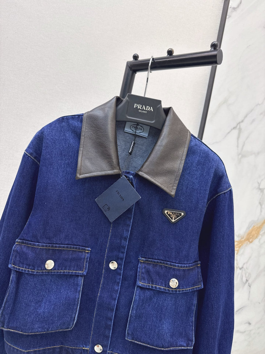 Prada/26 Fall-Winter New Color-Block Denim Jacket with Turn-Down Collar