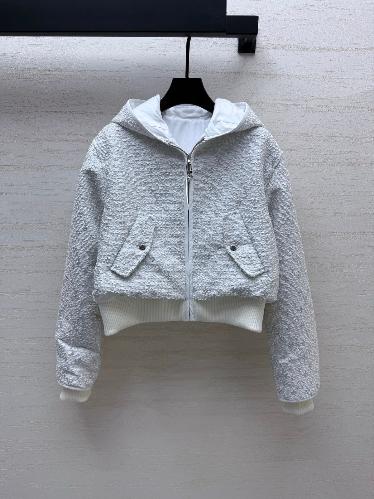 Louis Vuitton/26 Early Autumn Collection Light Gray Tweed Hoodie Zip Jacket