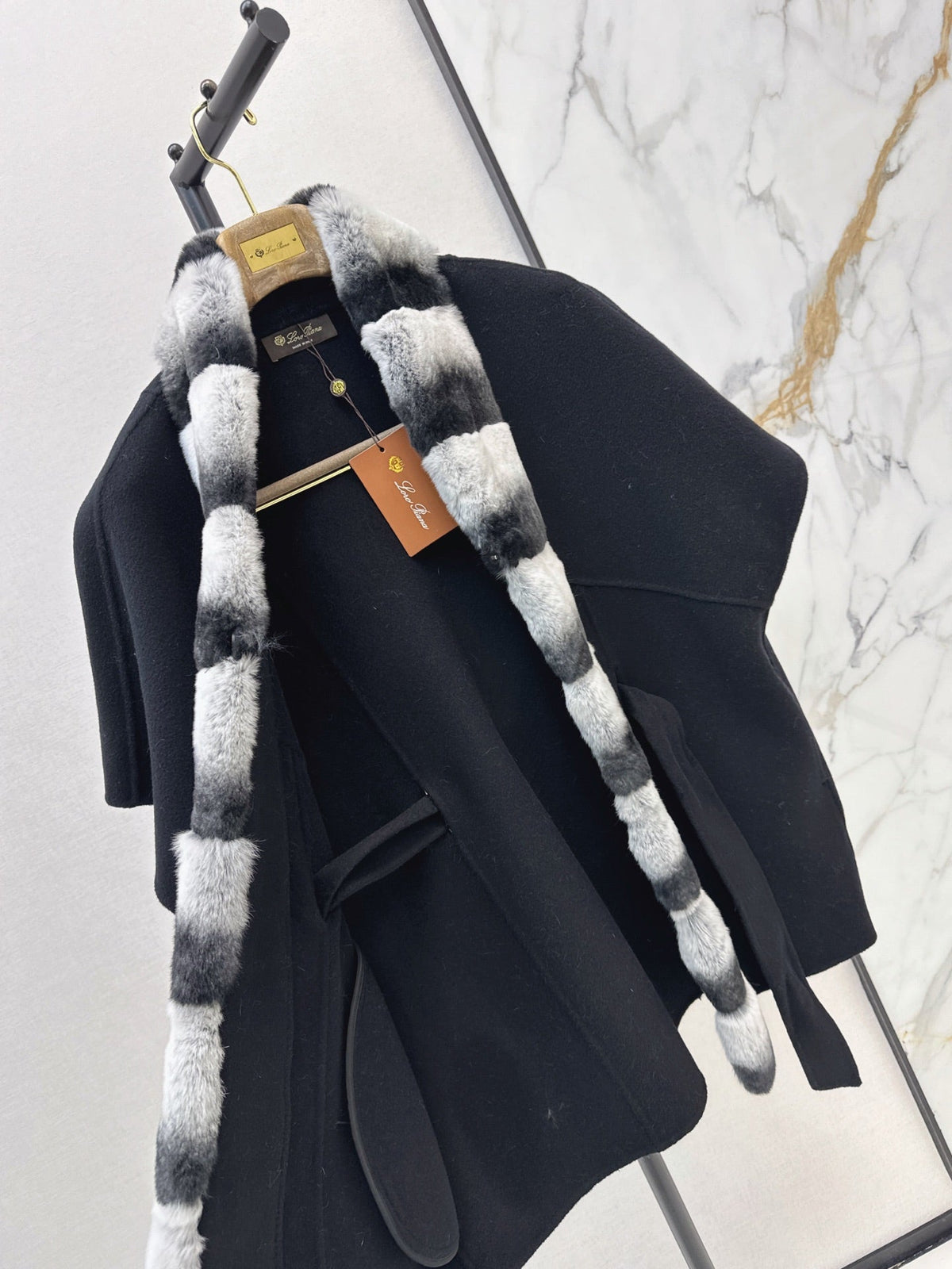 26 Fall/Winter Latest Color-Block Rex Rabbit Fur Tie Double-Sided Wool Cape Coat