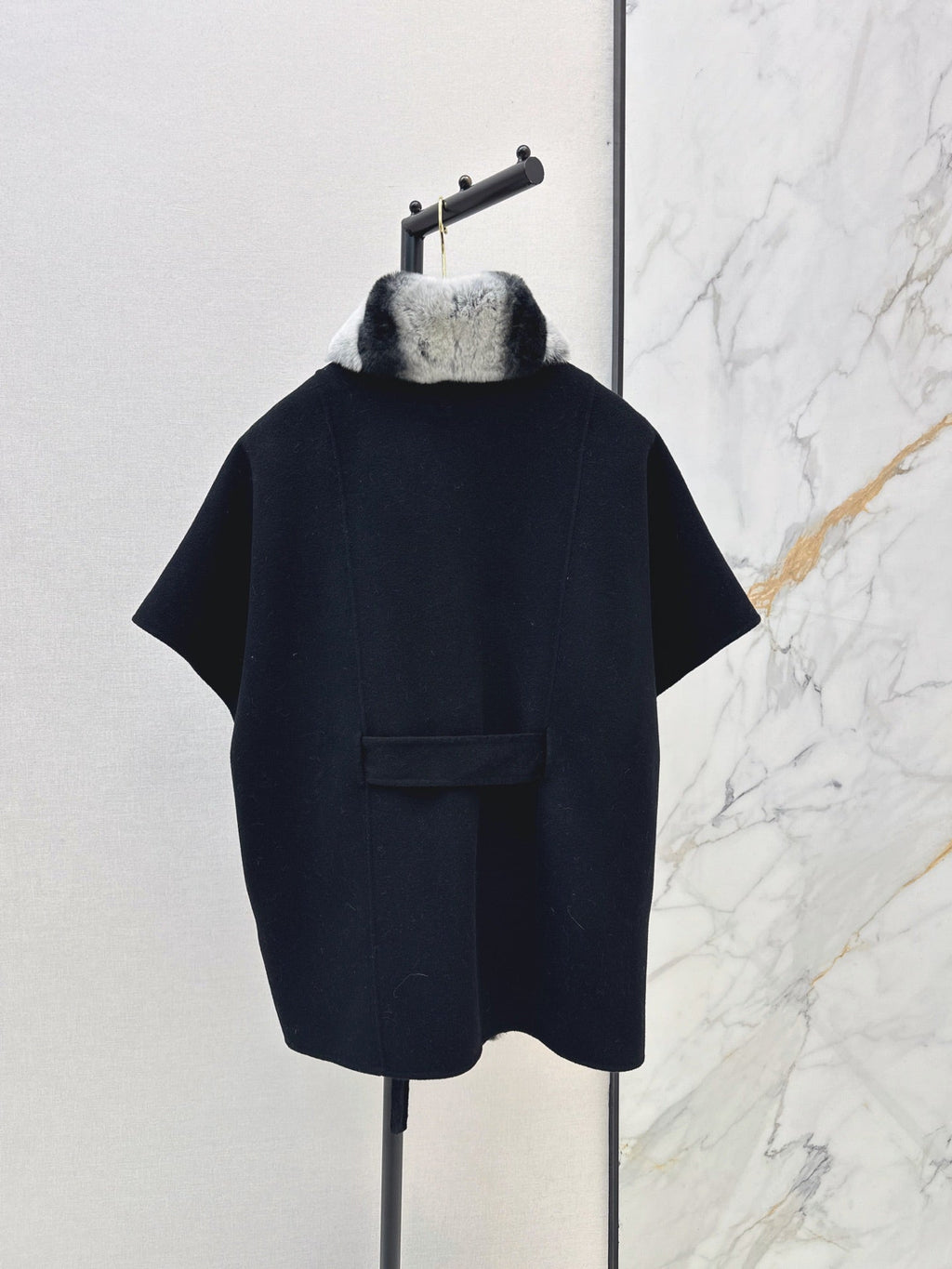 26 Fall/Winter Latest Color-Block Rex Rabbit Fur Tie Double-Sided Wool Cape Coat