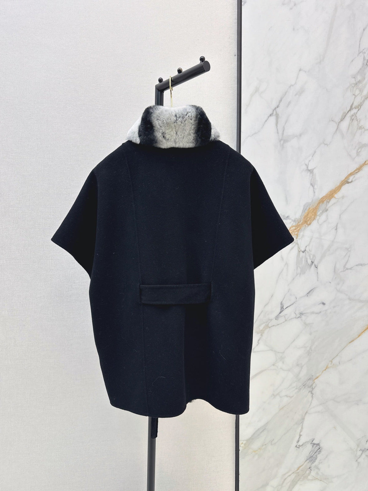 26 Fall/Winter Latest Color-Block Rex Rabbit Fur Tie Double-Sided Wool Cape Coat