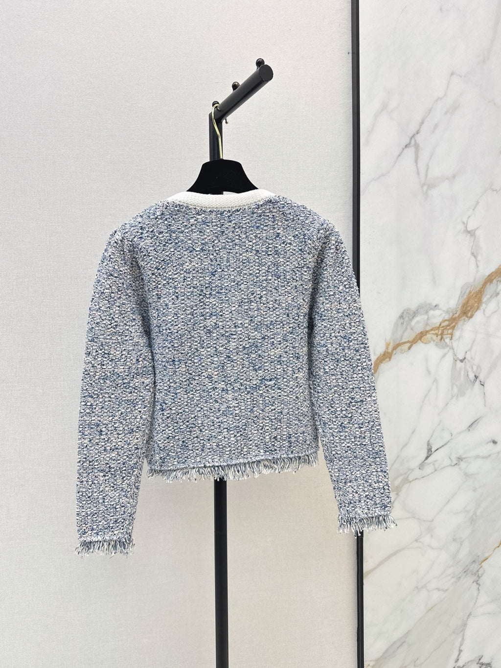 26Latest Autumn/Winter Blue-Toned Mixed-Yarn Tasseled Knit Cardigan