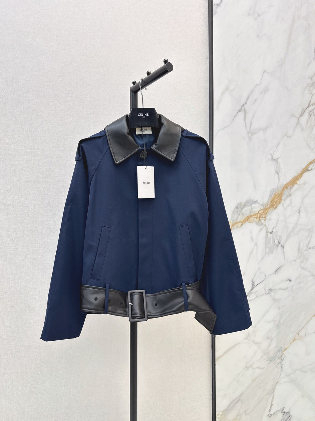 26Latest Autumn/Winter Navy Short Trench Jacket with Leather Accents