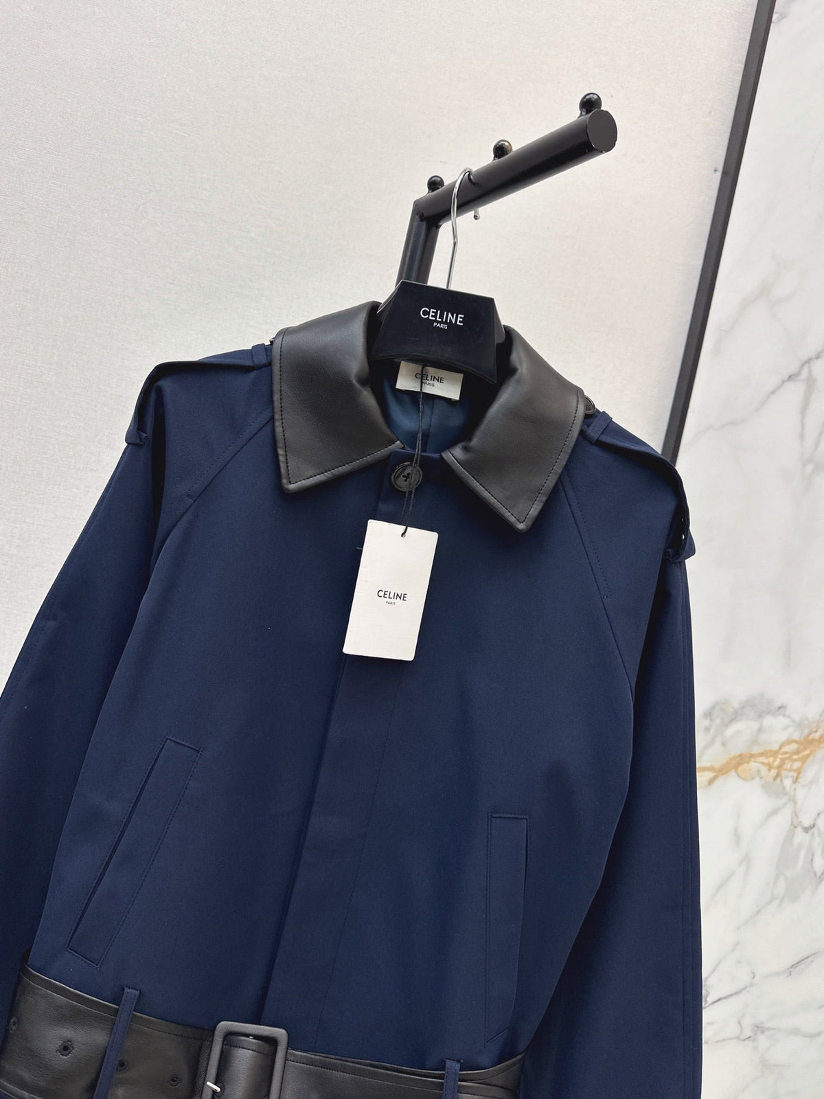 26Latest Autumn/Winter Navy Short Trench Jacket with Leather Accents