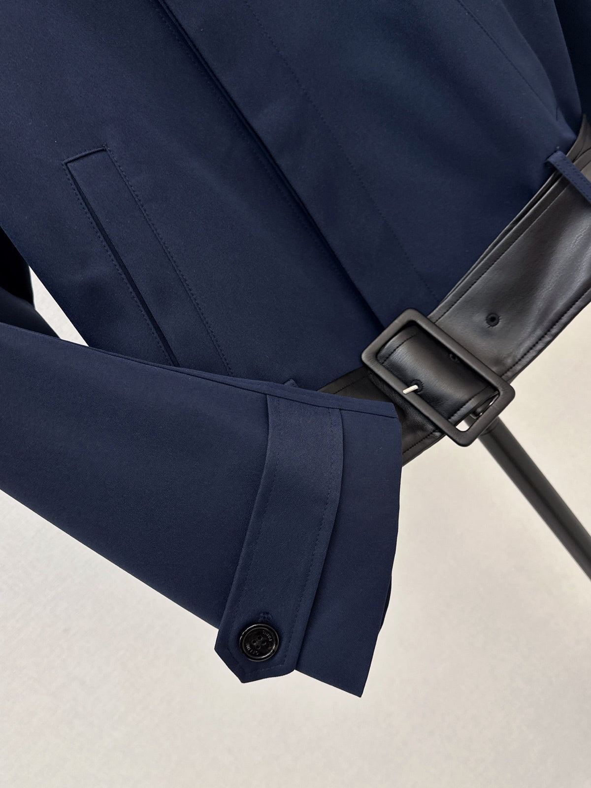 26Latest Autumn/Winter Navy Short Trench Jacket with Leather Accents