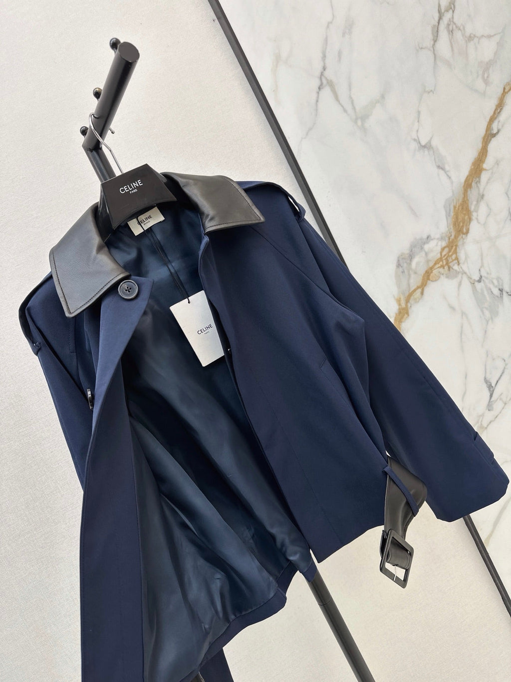 26Latest Autumn/Winter Navy Short Trench Jacket with Leather Accents
