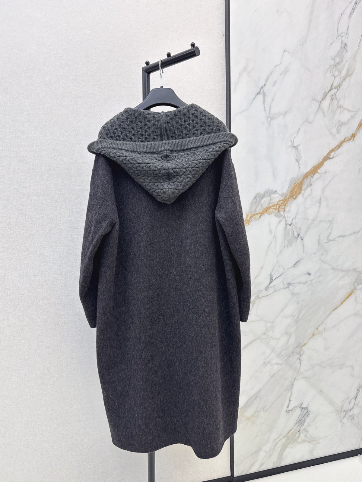 26 Fall/Winter New Knit Patchwork Mid-Length Hooded Wool Double-Faced Coat