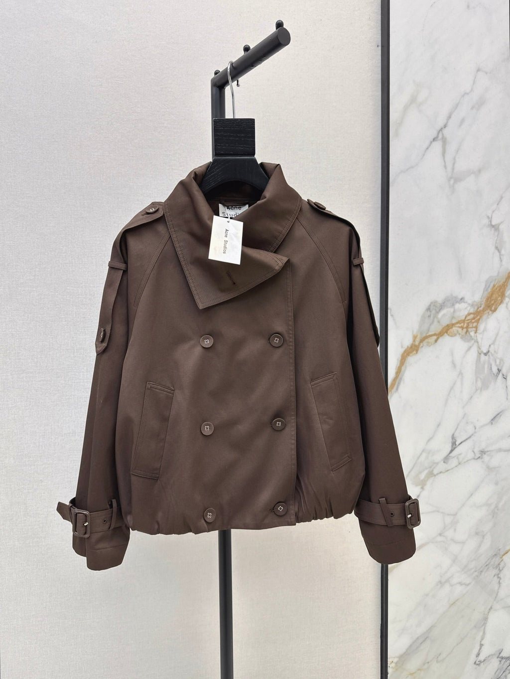 26Latest Autumn/Winter Chocolate Brown Cropped Trench Coat with Stand Collar and Boxy Fit