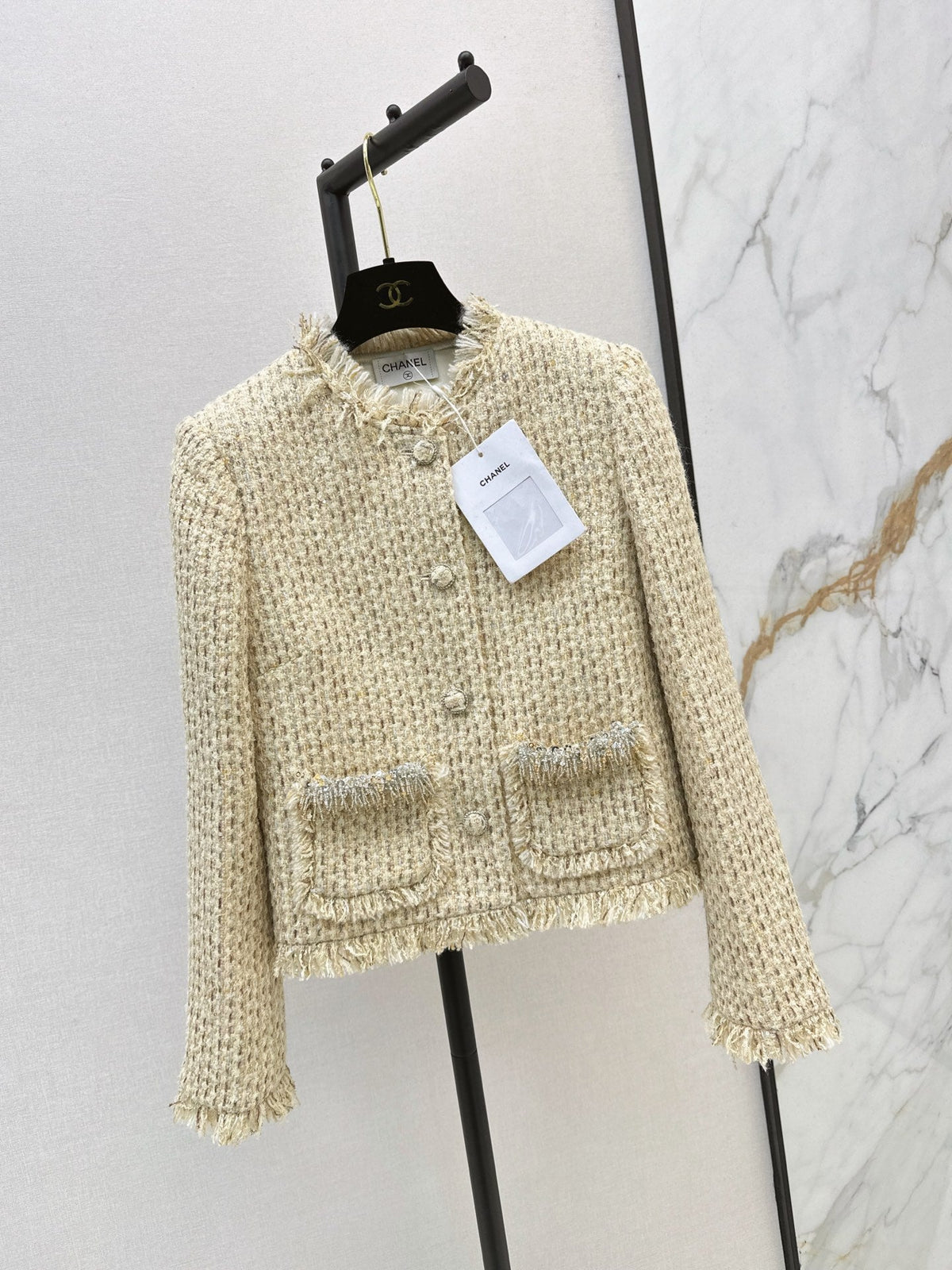 26Latest Autumn/Winter "Chanel-style" Tweed Jacket – Sophisticated, Chic, and Elegant (Beige-Apricot Flecked Finish)