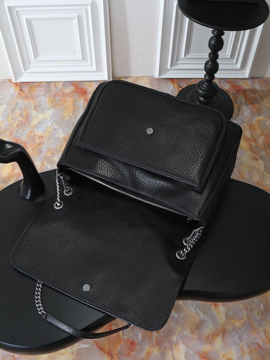 26SS New Niki Bag in Black Elephant-Grain Leather with Silver Hardware