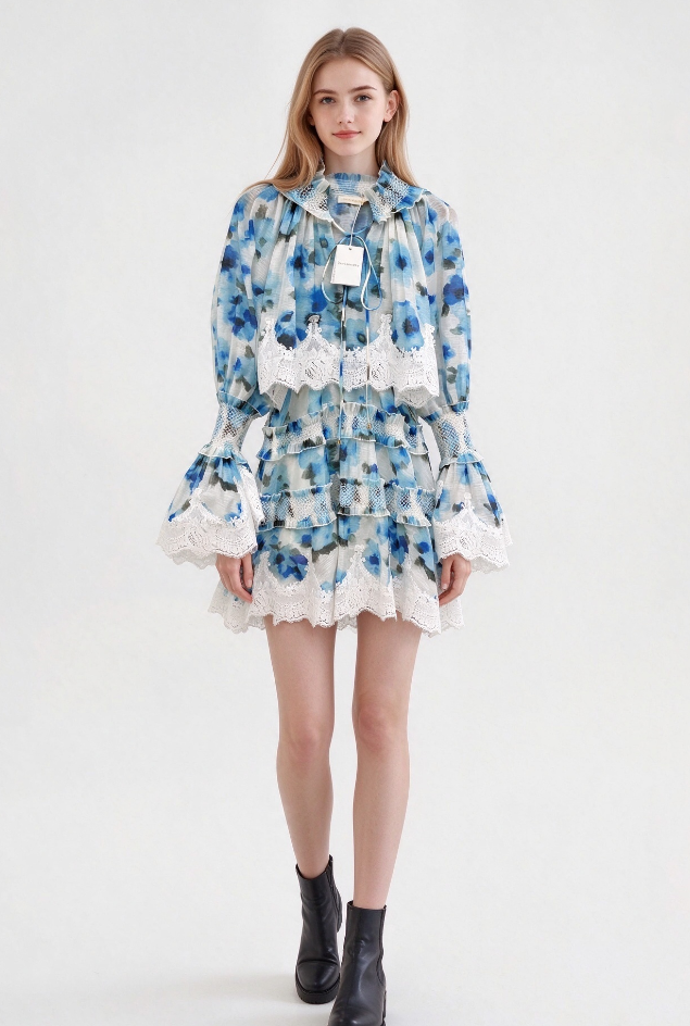 26New Lace-Trimmed Watercolor Floral Dress