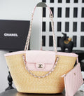 Chanel 2026 Shopping Bag Beige Pink Straw Lambskin