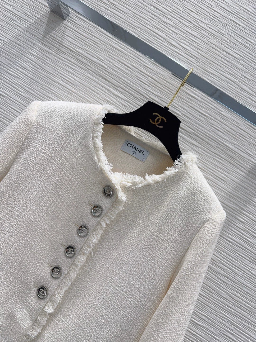 26New "Chanel-style" Fringe-Trimmed, Single-Breasted, Round-Neck, Long-Sleeve Jacket