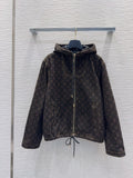 26New Long-Sleeve Denim Hooded Jacket with Print, Drawstring, and Zipper