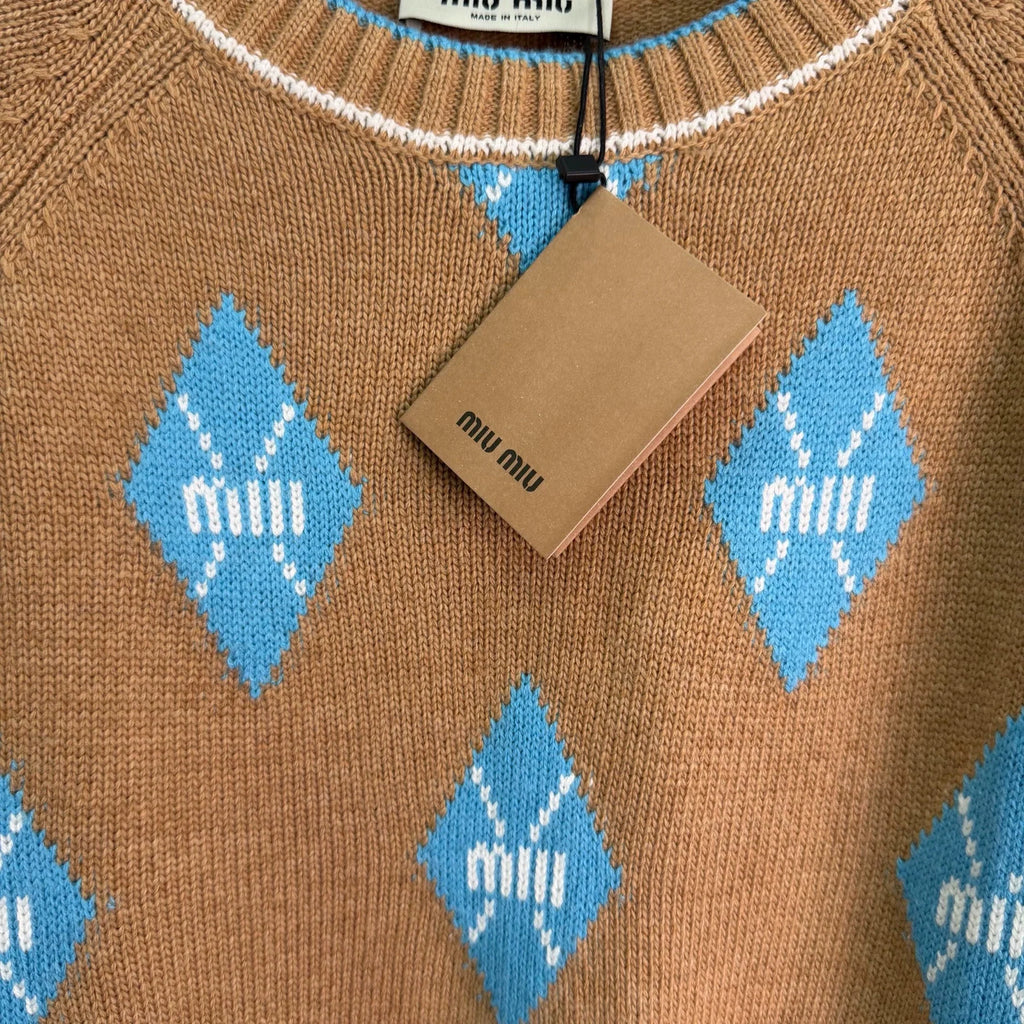 MiuMiu/26 New Season Diamond-Pattern & Stripe Knit Sweater