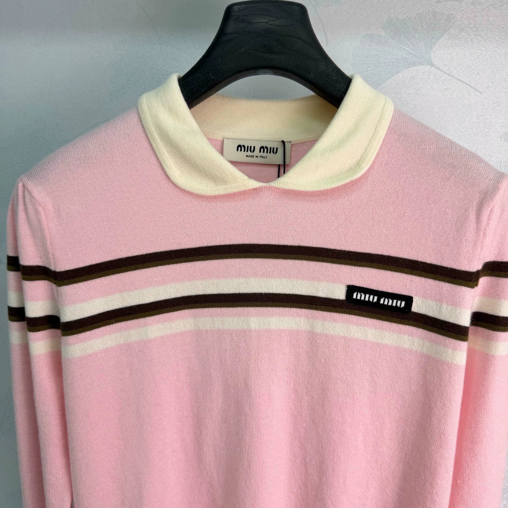 MiuMiu/26 Early Autumn New Color-Block Striped Collared Knit Long-Sleeve
