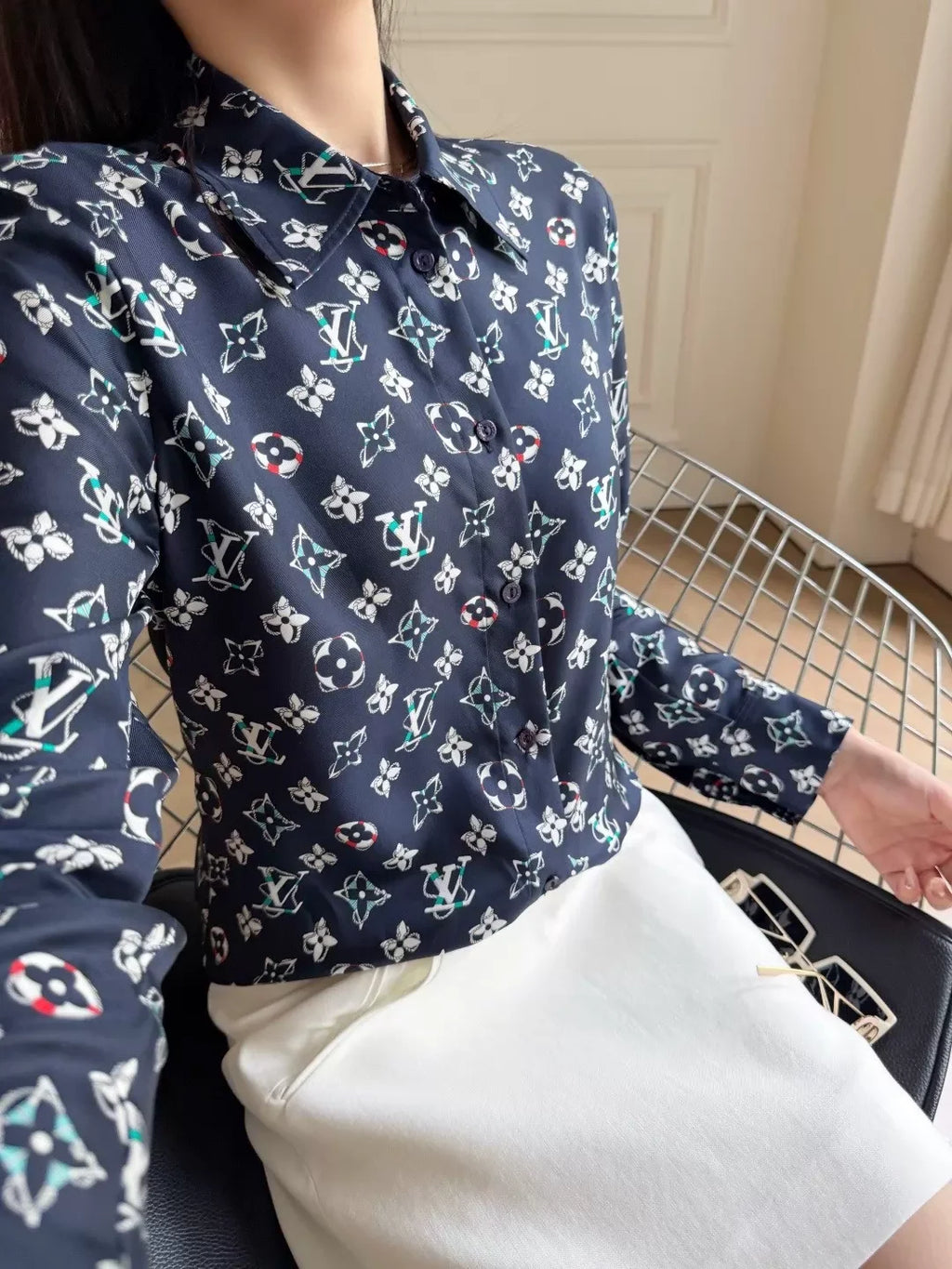 26New Navy Blue Monogram Silk Shirt Set