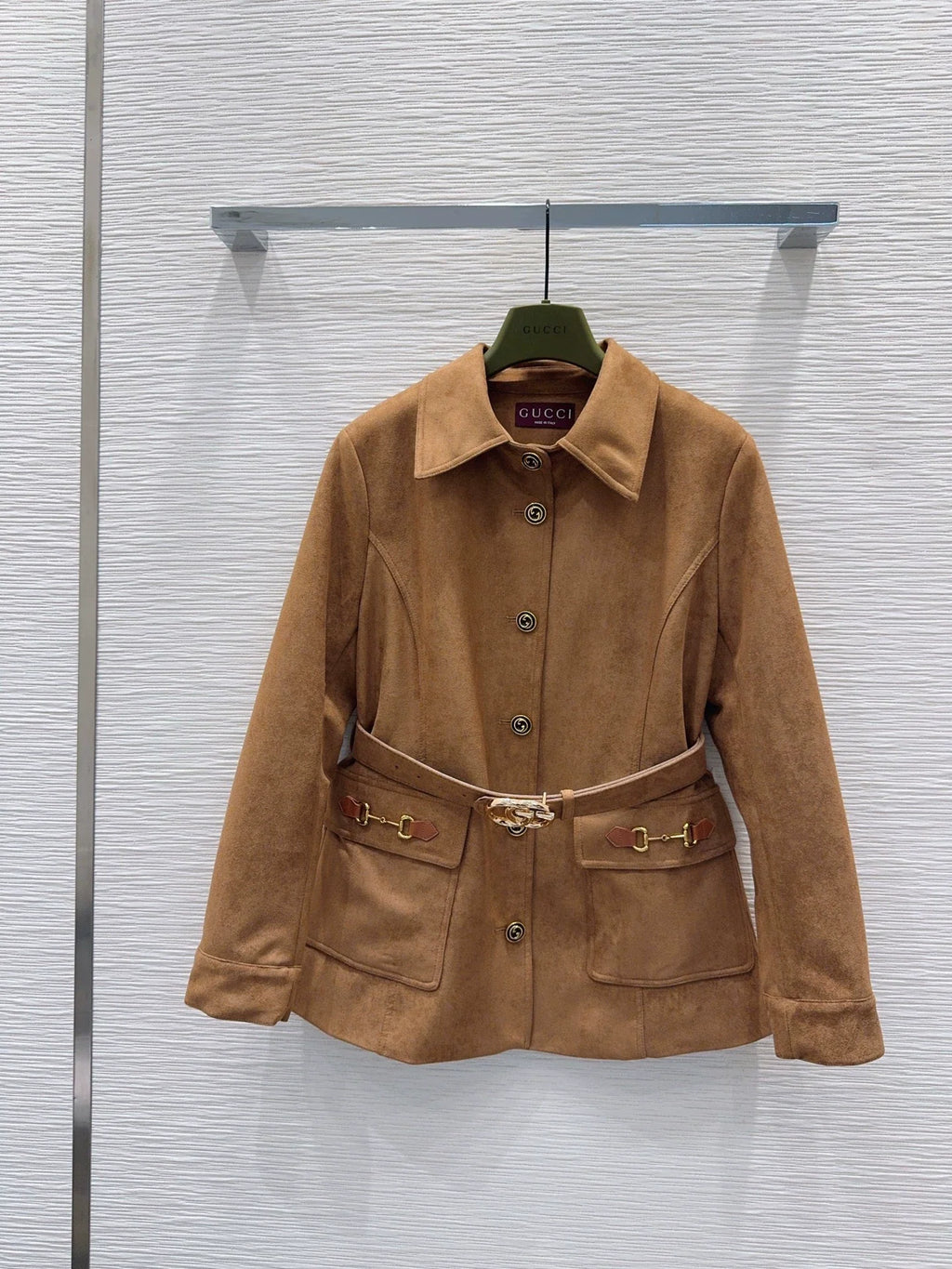 26Long-Sleeve Coat with Metal-Buckle Pockets and Waist Belt