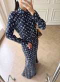 26New Navy Blue Monogram Silk Shirt Set