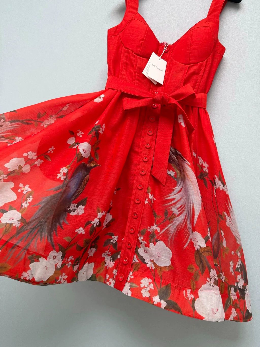 26New Arrival: Vibrant, Bright Red Corset-Style Camisole Dress with Floral and Bird Motifs