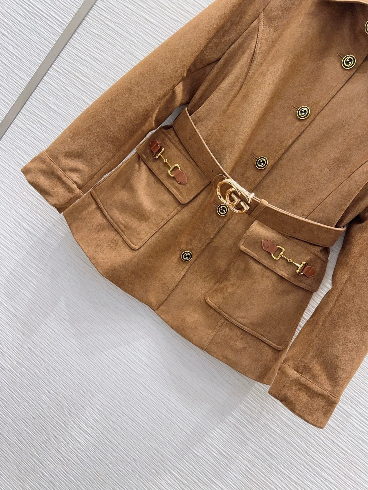 26Long-Sleeve Coat with Metal-Buckle Pockets and Waist Belt