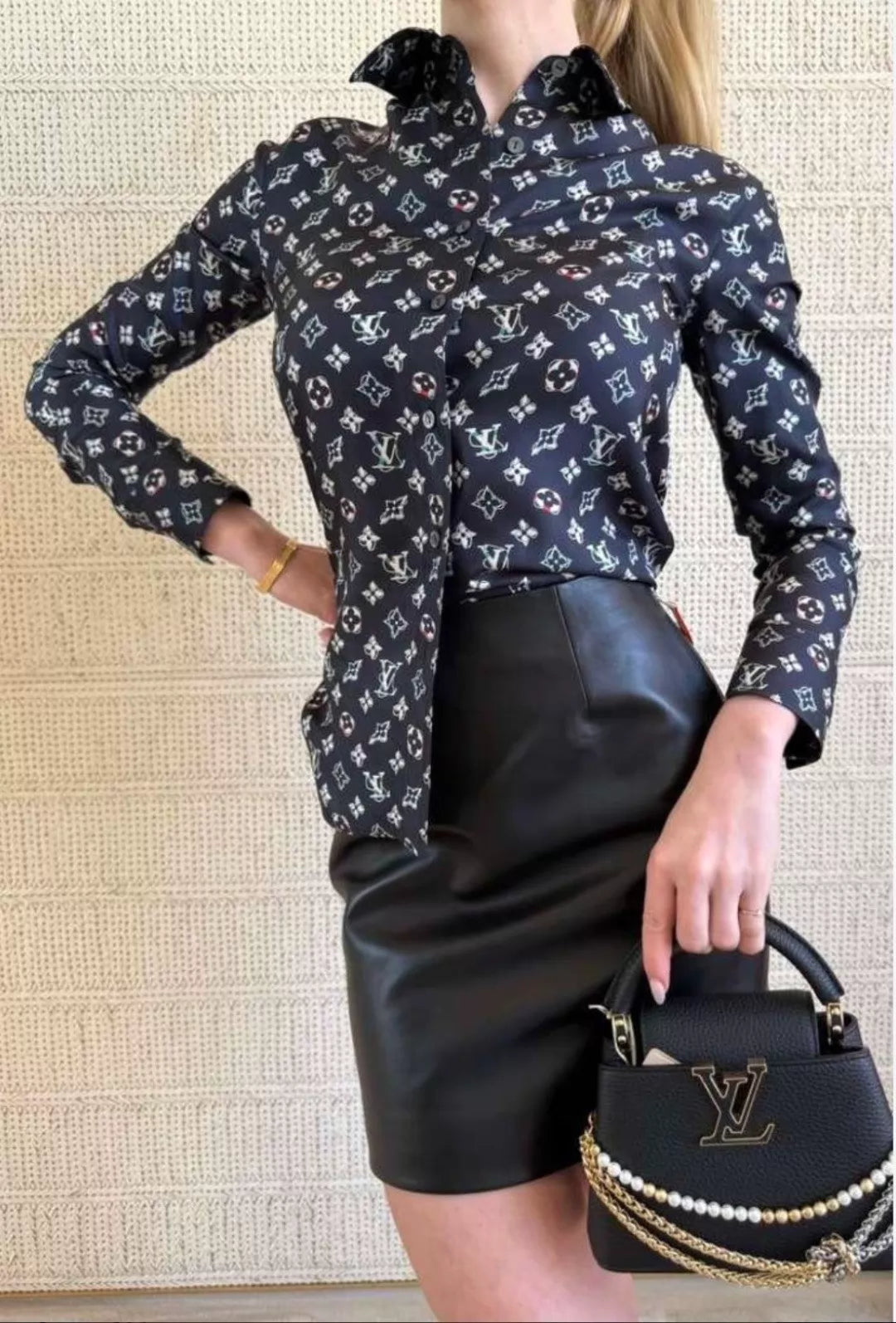 26New Navy Blue Monogram Silk Shirt Set