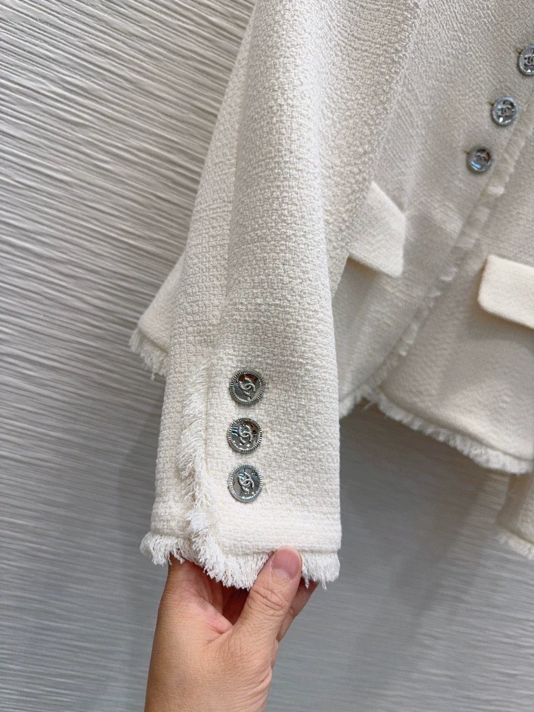 26New "Chanel-style" Fringe-Trimmed, Single-Breasted, Round-Neck, Long-Sleeve Jacket