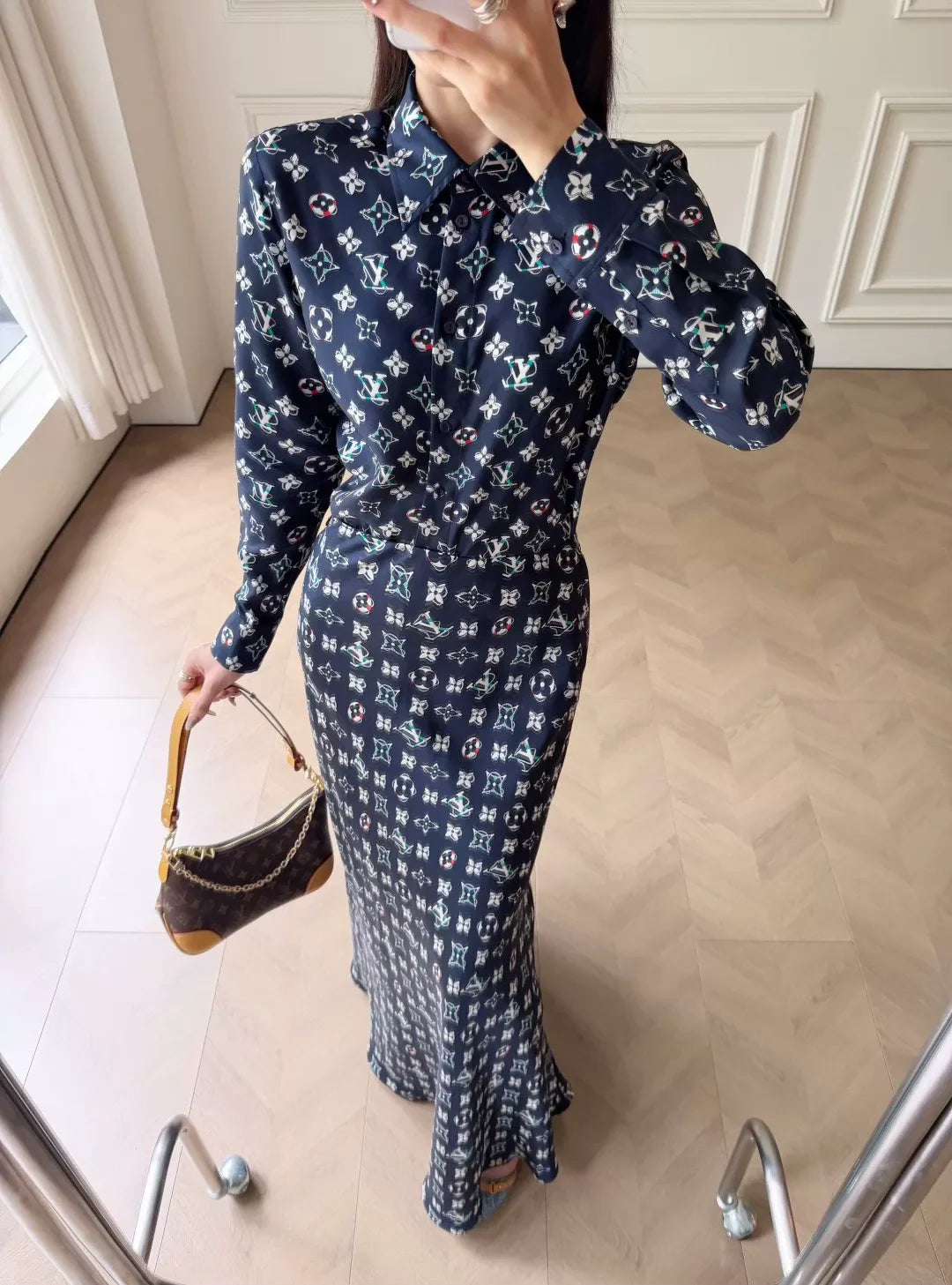 26New Navy Blue Monogram Silk Shirt Set