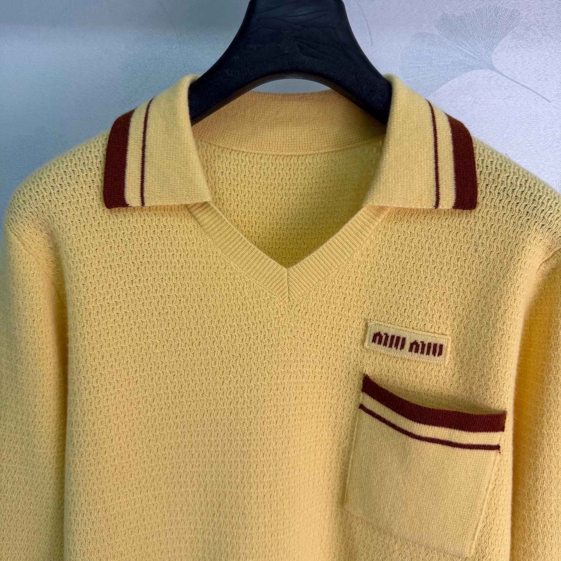 MiuMiu/26 Early Autumn New Color-Block Polo Collar Openwork Knit Top