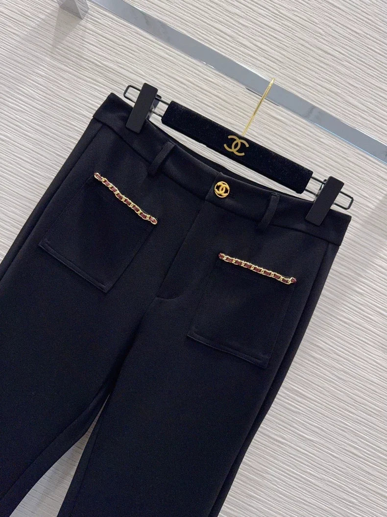 26New-Arrival Flared Trousers with Chain-Trimmed Pockets