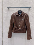 26Long-Sleeve PU Leather Jacket with Triangular Logo and Belt