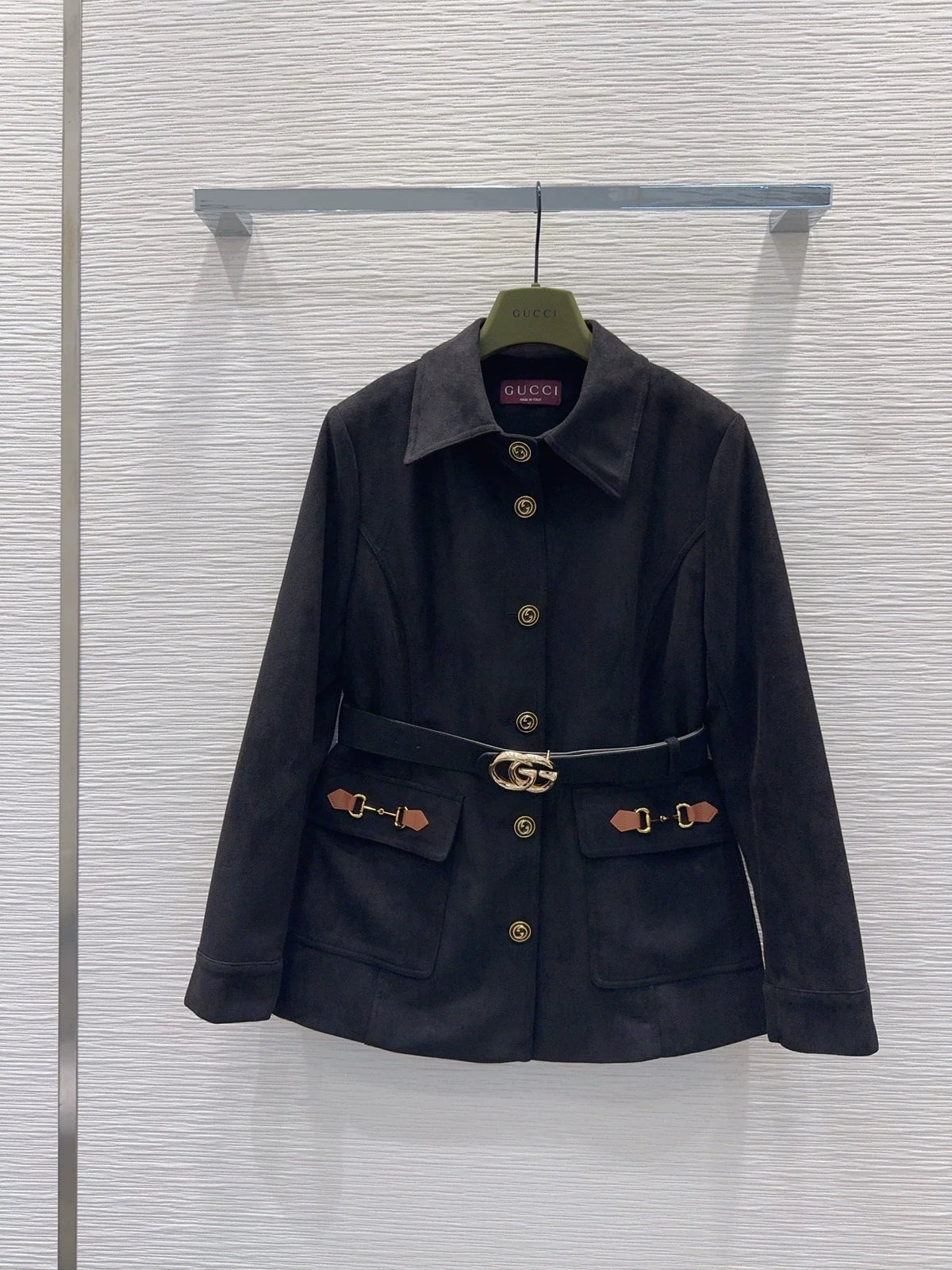 26Long-Sleeve Coat with Metal-Buckle Pockets and Waist Belt