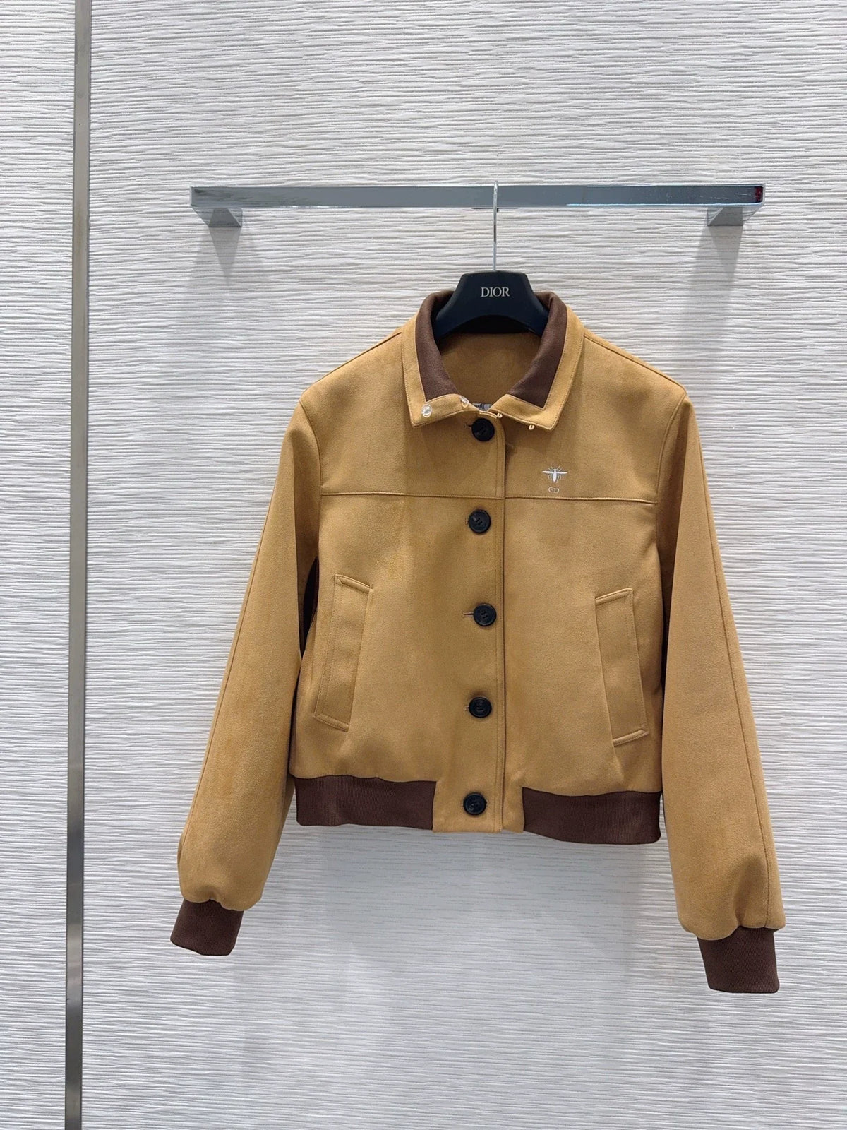 26New Long-Sleeve Faux Suede Jacket with Bee Embroidery