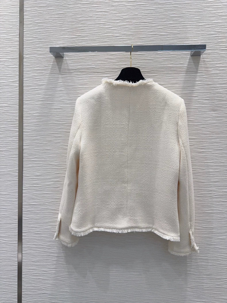 26New "Chanel-style" Fringe-Trimmed, Single-Breasted, Round-Neck, Long-Sleeve Jacket