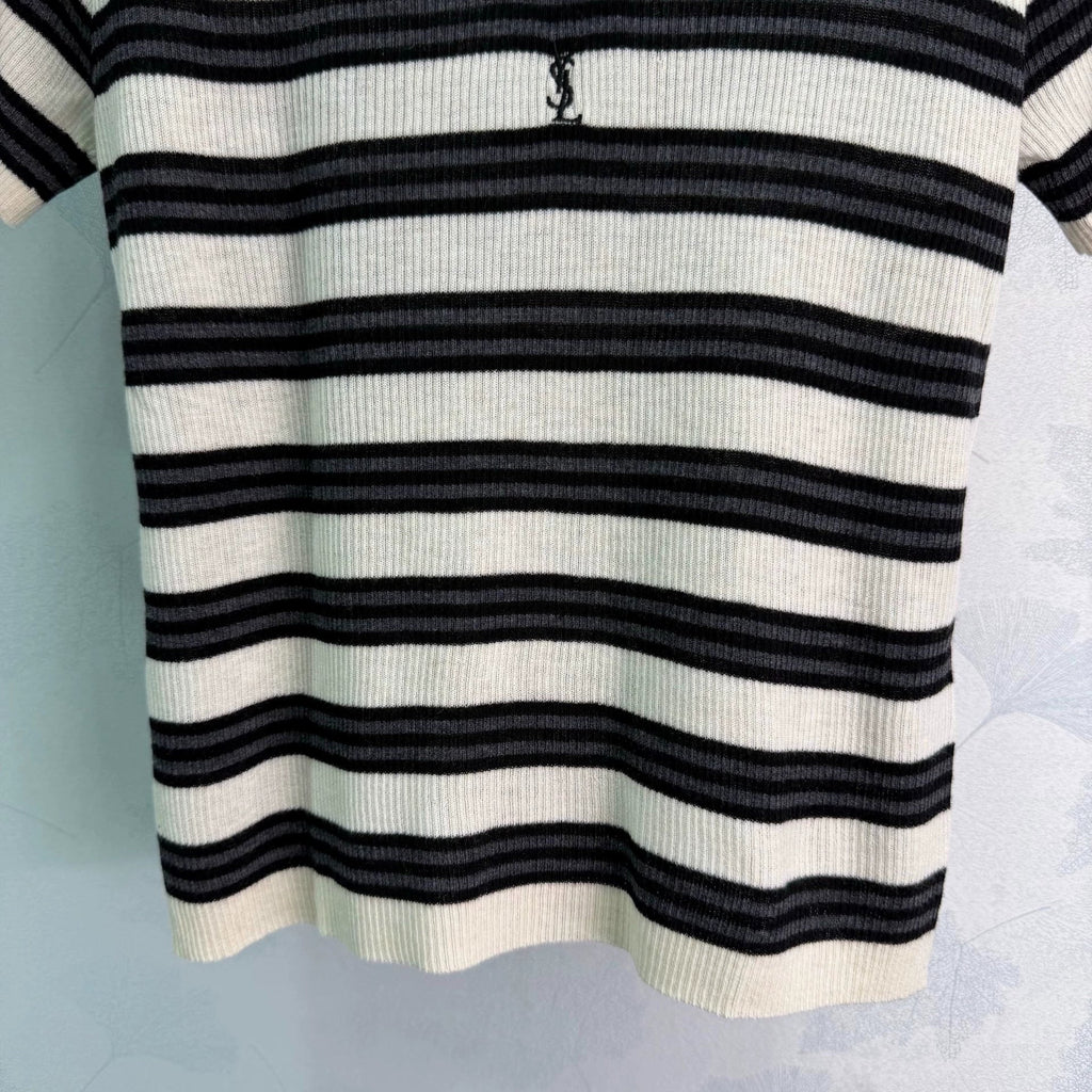 Yves Saint Laurent/26SS New Striped V-Neck Short-Sleeve Knit Top