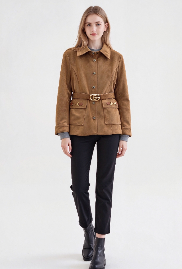 26Long-Sleeve Coat with Metal-Buckle Pockets and Waist Belt