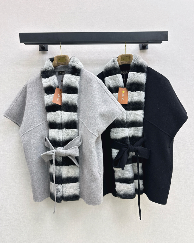 26 Fall/Winter Latest Color-Block Rex Rabbit Fur Tie Double-Sided Wool Cape Coat