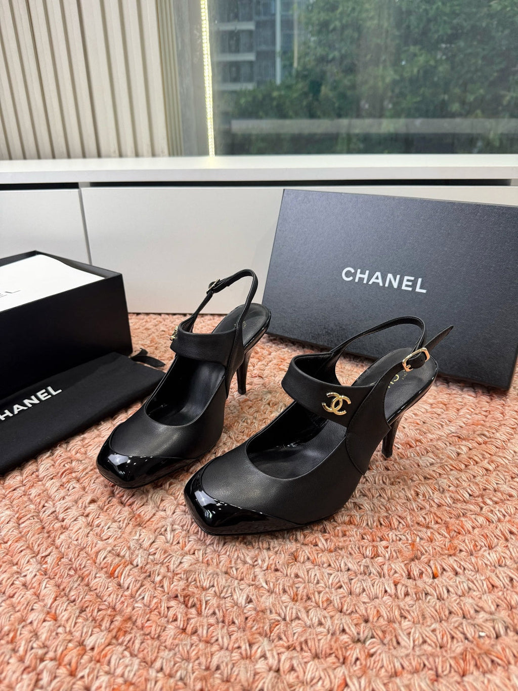 CHANEL 26S SQUARE TOE HIGH HEELS SLINGBACKS IN BLACK CALFSKIN