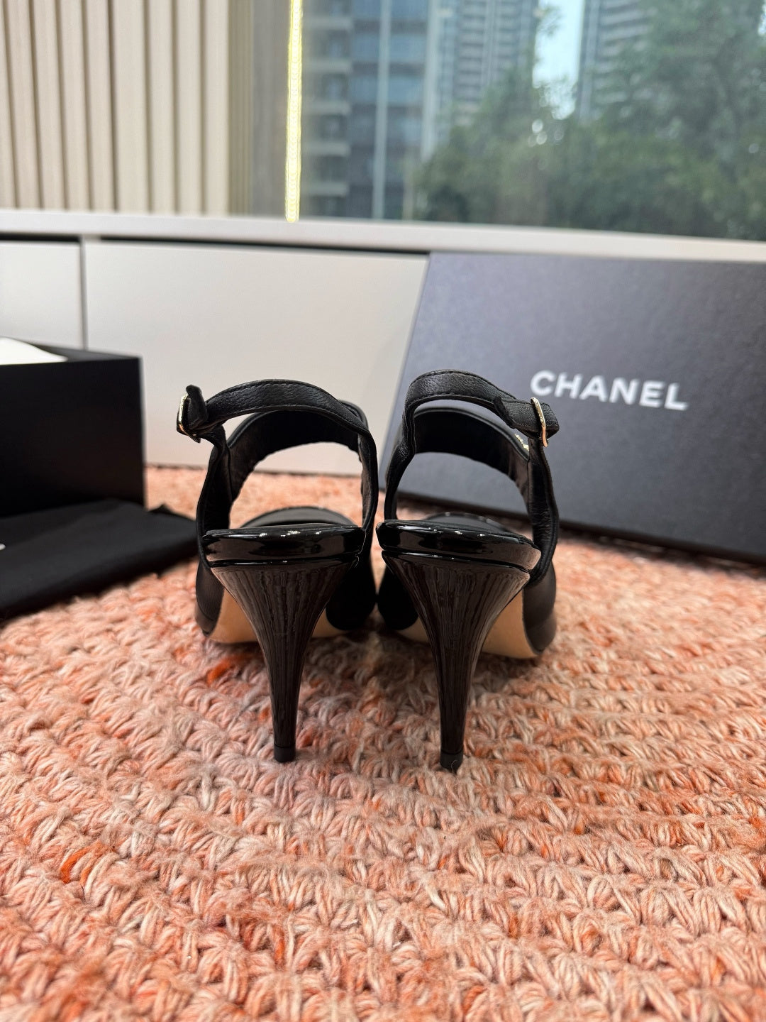 CHANEL 26S SQUARE TOE HIGH HEELS SLINGBACKS IN BLACK LAMBSKIN WITH TOE