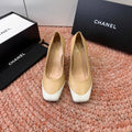 CHANEL 26S SQUARE TOE HIGH HEELS IN BEIGE LAMBSKIN WITH WHITE TOE