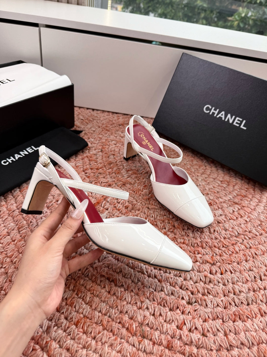 CHANEL 26S SQUARE TOE HIGH HEELS SLINGBACKS IN WHITE CALFSKIN