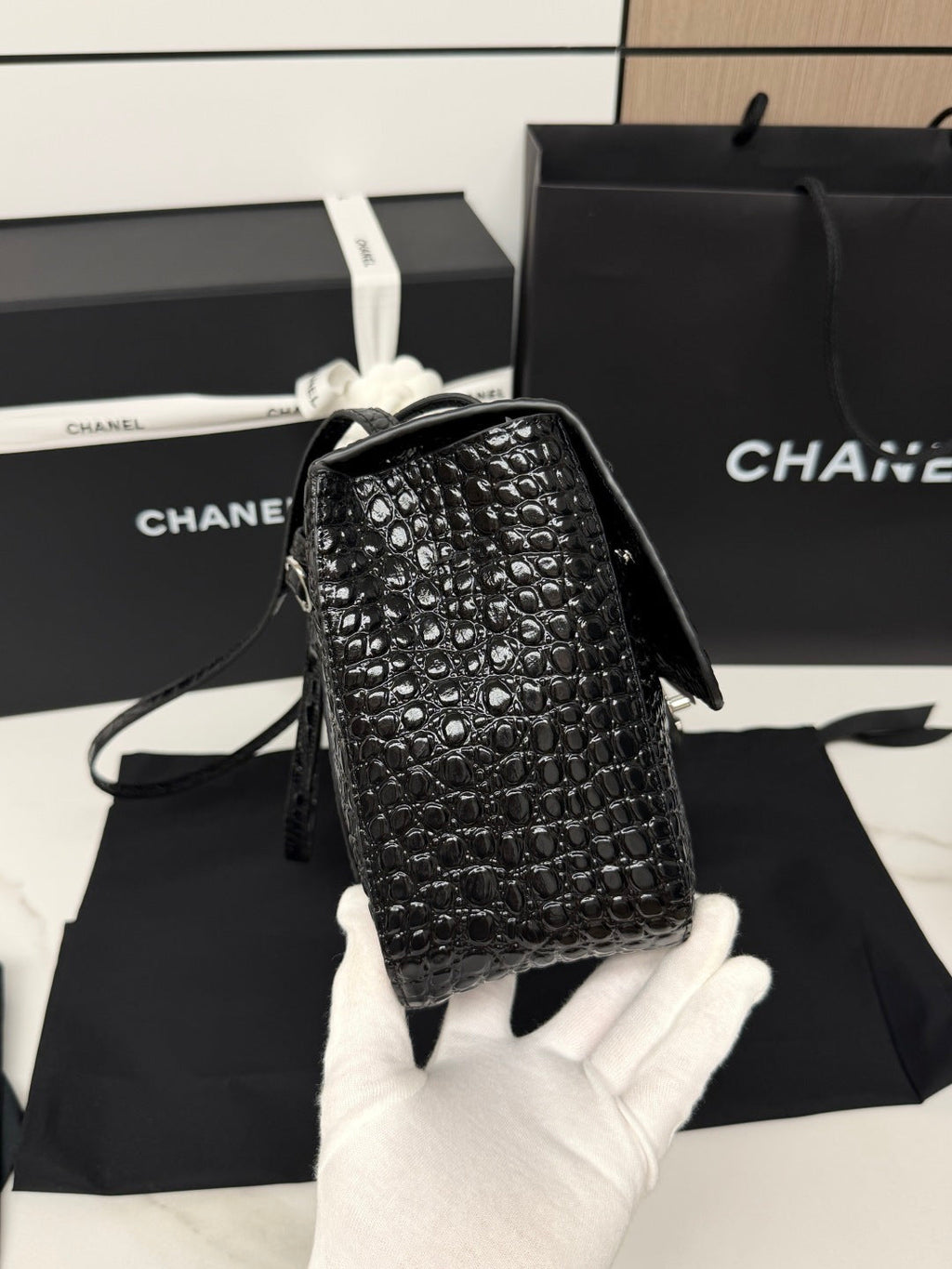 Chanel 2026 Crocodile-embossed Bag 32cm Black Leather Silver Hardware