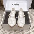 CHANEL 26S MARY JANE FLATS IN WHITE LAMBSKIN ESPADRILLE SOLE