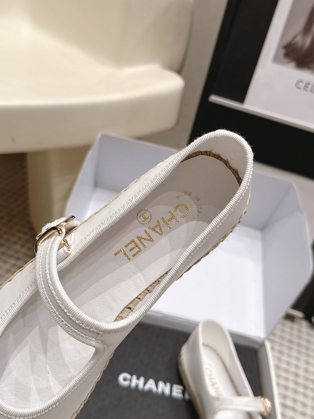CHANEL 26S MARY JANE FLATS IN WHITE LAMBSKIN ESPADRILLE SOLE