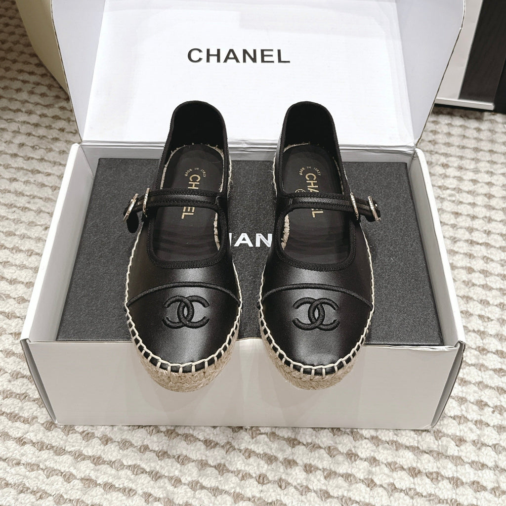CHANEL 26S MARY JANE FLATS IN BLACK LAMBSKIN ESPADRILLE SOLE