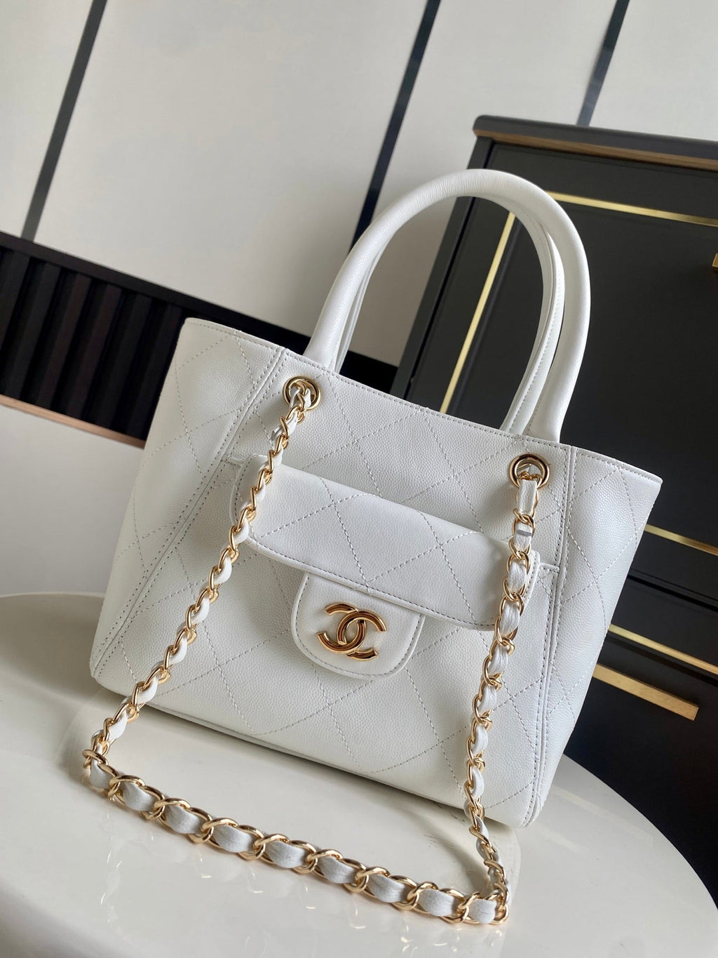 CHANEL 26S QUILTED SMALL SHOPPING TOTE 25 IN WHITE CAVIAR CALFSKIN GOLD HARDWARE