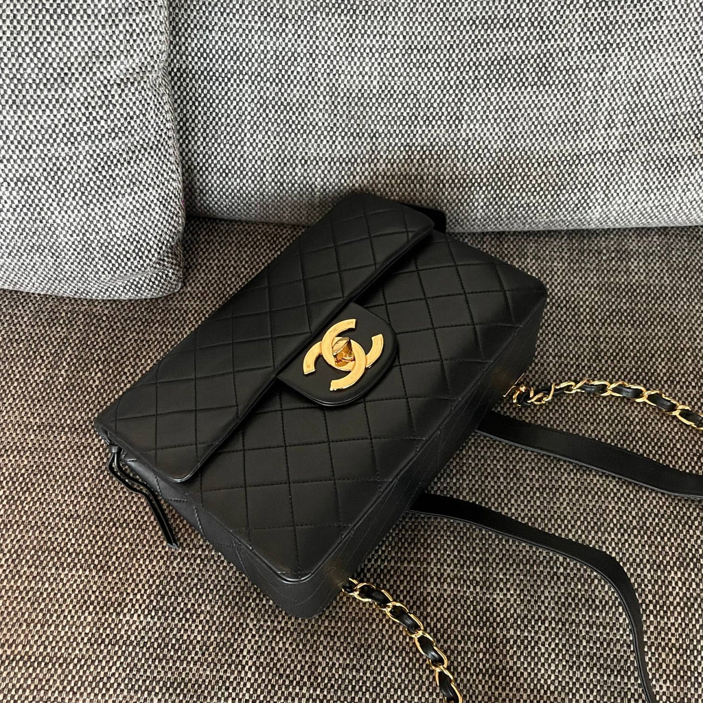 CHANEL 26S QUILTED FLAP BACKPACK 28 IN BLACK LAMBSKIN GOLD HARDWARE
